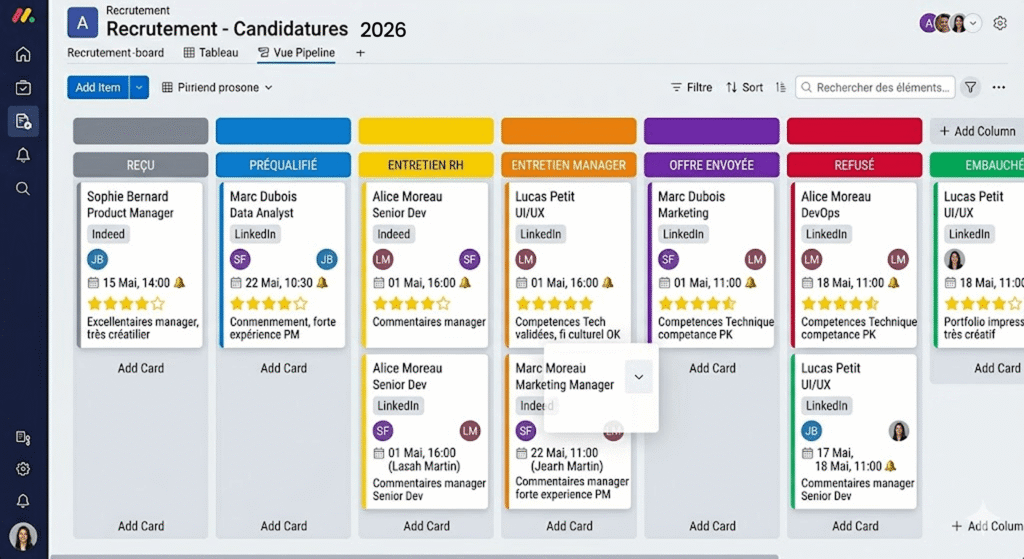 Vue Kanban du pipeline de suivi des candidatures 2026 sur monday.com.