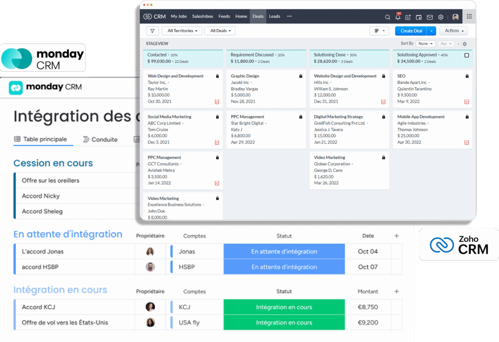 Aperçu des interfaces de gestion des ventes de monday CRM et Zoho CRM.