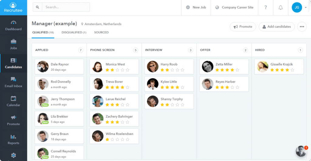 Vue Kanban du pipeline de suivi et d'évaluation des candidats sur Recruitee.
