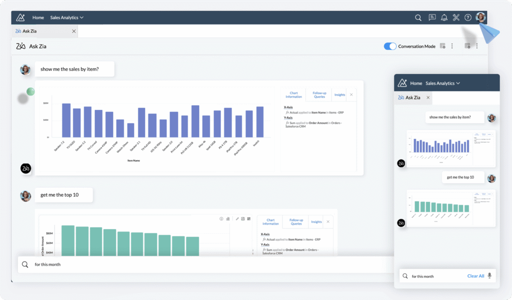 Interface de l'assistant Ask Zia générant des graphiques d'analyse des ventes dans Zoho CRM.