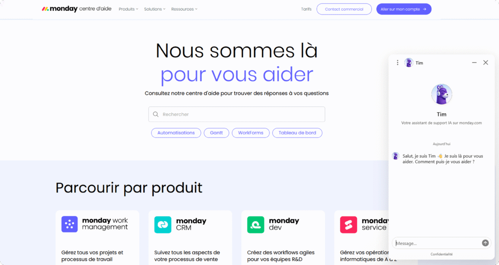 Interface du centre d'aide avec l'assistant de support IA Tim sur monday.com.