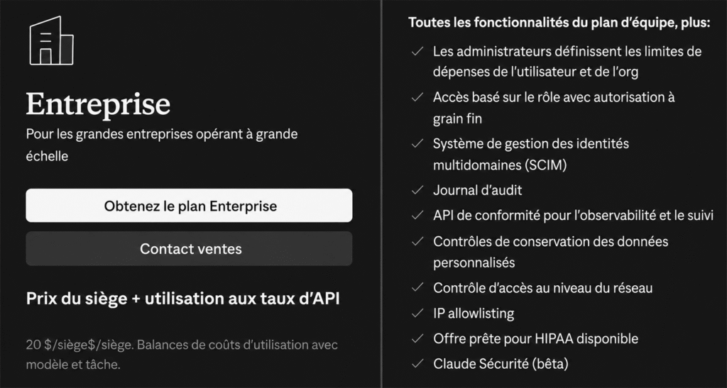 Détails du modèle de facturation et des fonctionnalités de sécurité du plan Claude Enterprise.