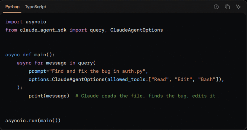 Extrait de code Python asynchrone démontrant l'utilisation du SDK pour configurer et exécuter un Claude Agent avec des outils.