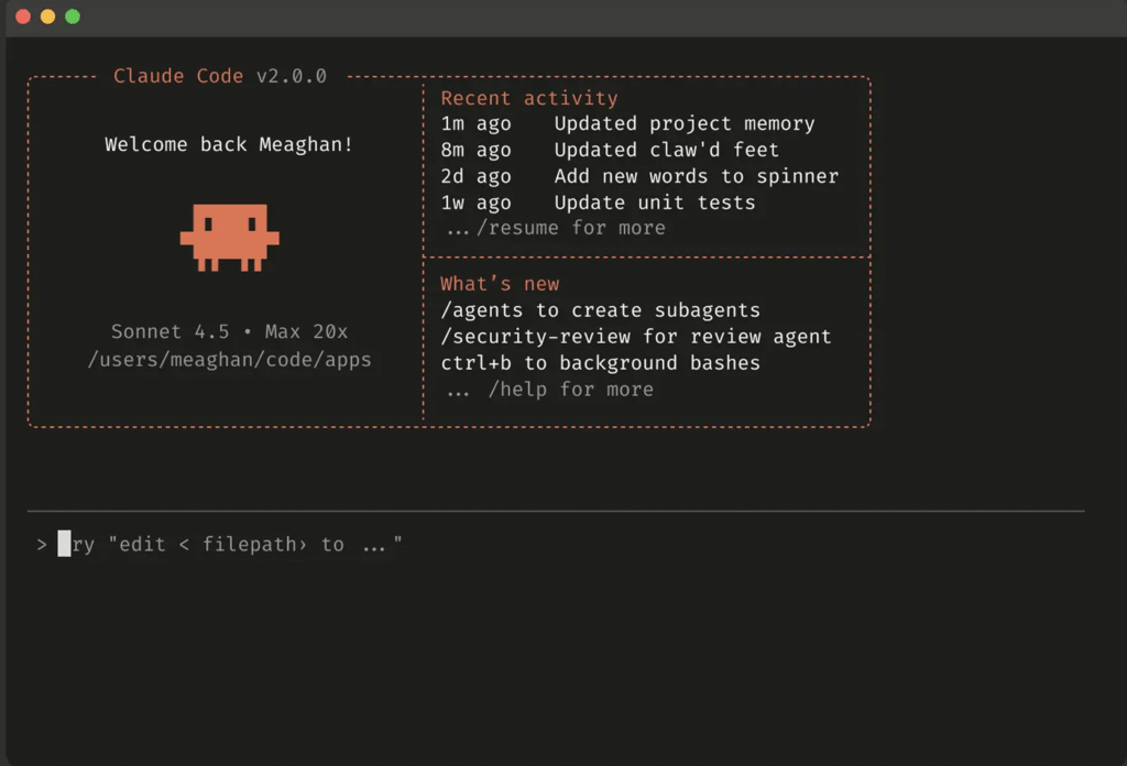 Interface en ligne de commande de l'outil Claude Code v2.0.0 affichant le tableau de bord utilisateur.