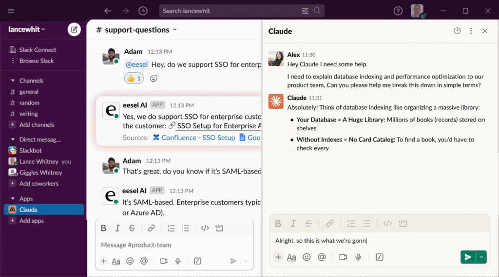 Capture d'écran de l'application Claude intégrée dans l'interface Slack.