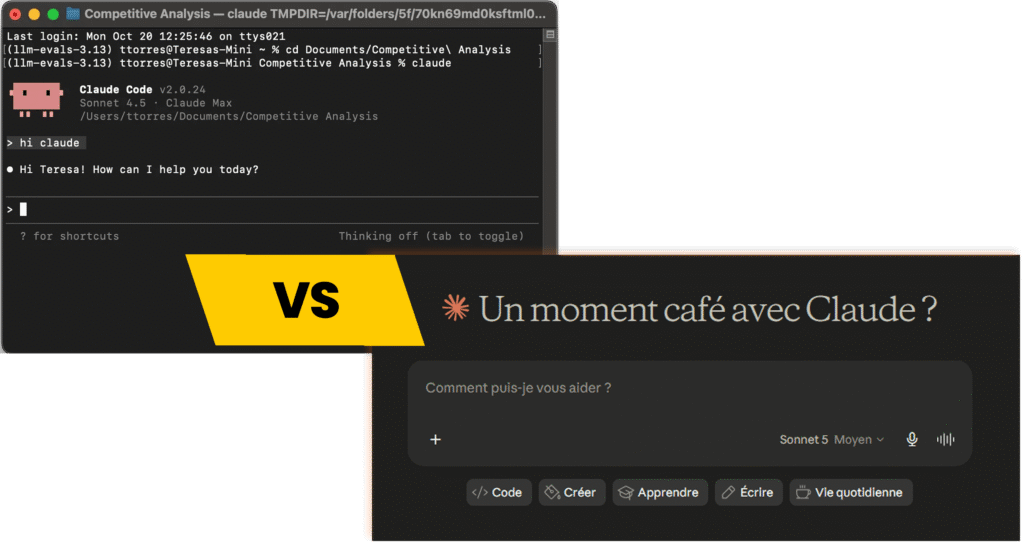 Graphique comparatif mettant face à face l'interface terminal de Claude Code et l'interface web de Claude Chat.