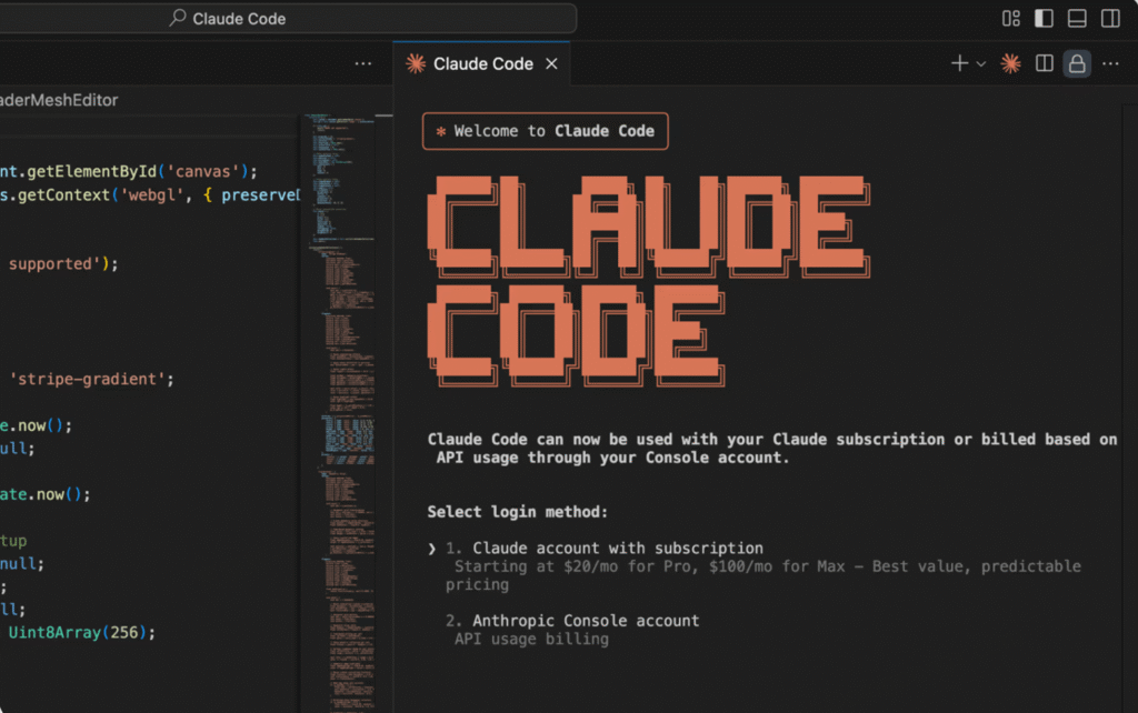 Capture d'écran de l'interface Claude Code dans un éditeur affichant les options de connexion.