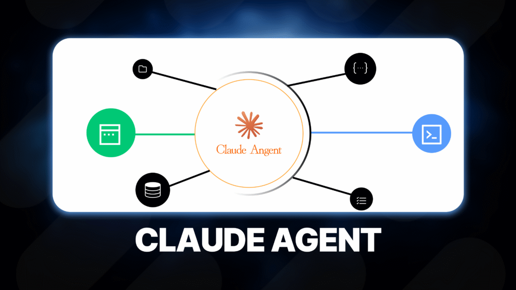 Illustration centrale de Claude Agent connecté à diverses icônes d'outils et de données.
