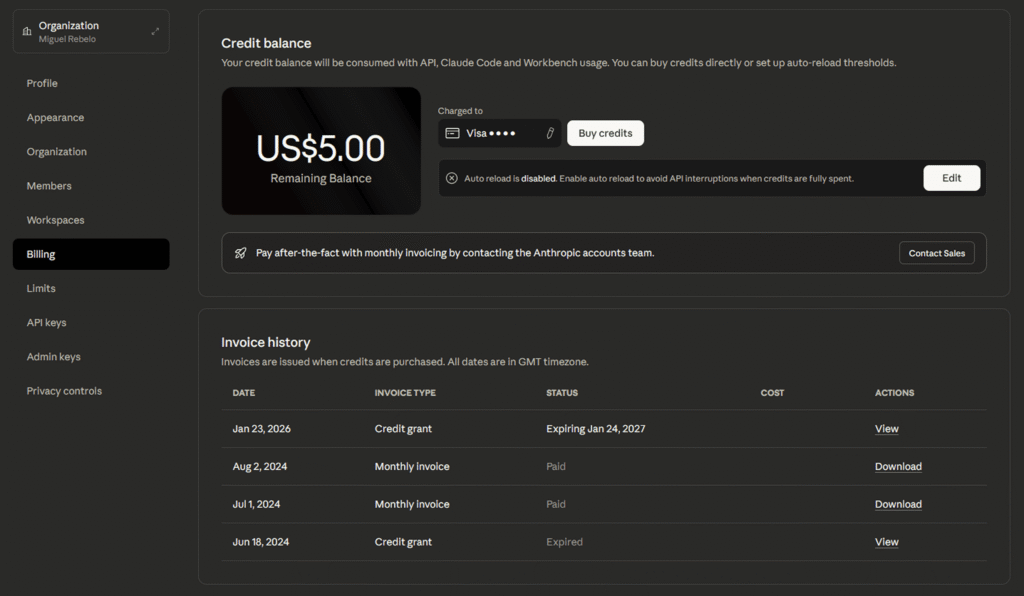 Interface de facturation Anthropic affichant un solde de 5 dollars pour l'API Claude