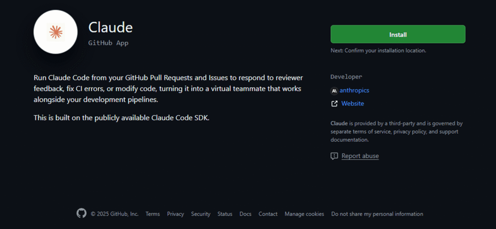 Page d'installation de la GitHub App "Claude" permettant d'exécuter Claude Code directement dans les Pull Requests et les Issues.