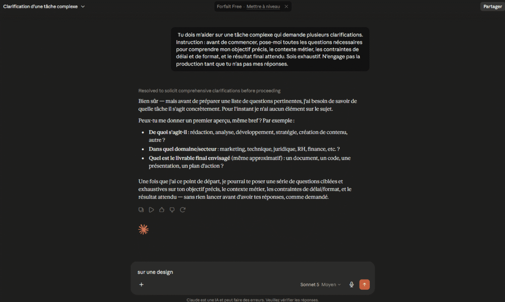 Exemple de Claude prompt itératif invitant l'IA à poser ses questions de clarification.