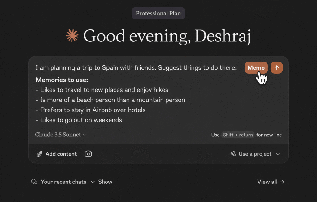 Interface Claude AI activant la fonction Memo pour personnaliser un Claude prompt.