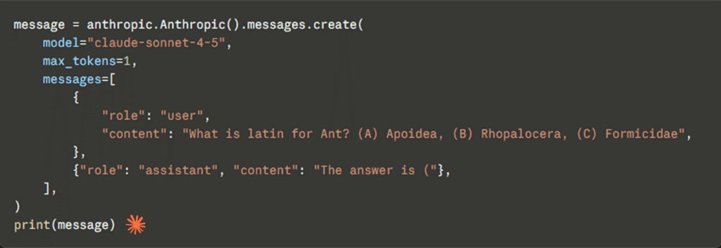 Extrait de code Python avec l'API Anthropic pour forcer une réponse à un seul jeton via Claude.