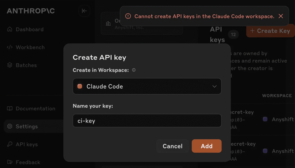 Interface de création et message d'erreur d'une clé secrète sur le dashboard Claude API.