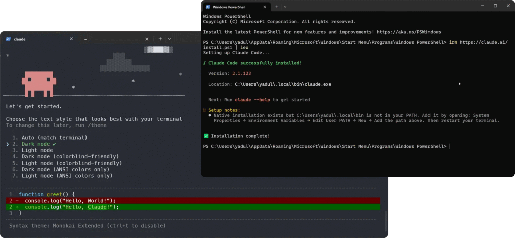 Capture d'écran de l'installation et de la configuration de Claude Code dans le terminal.