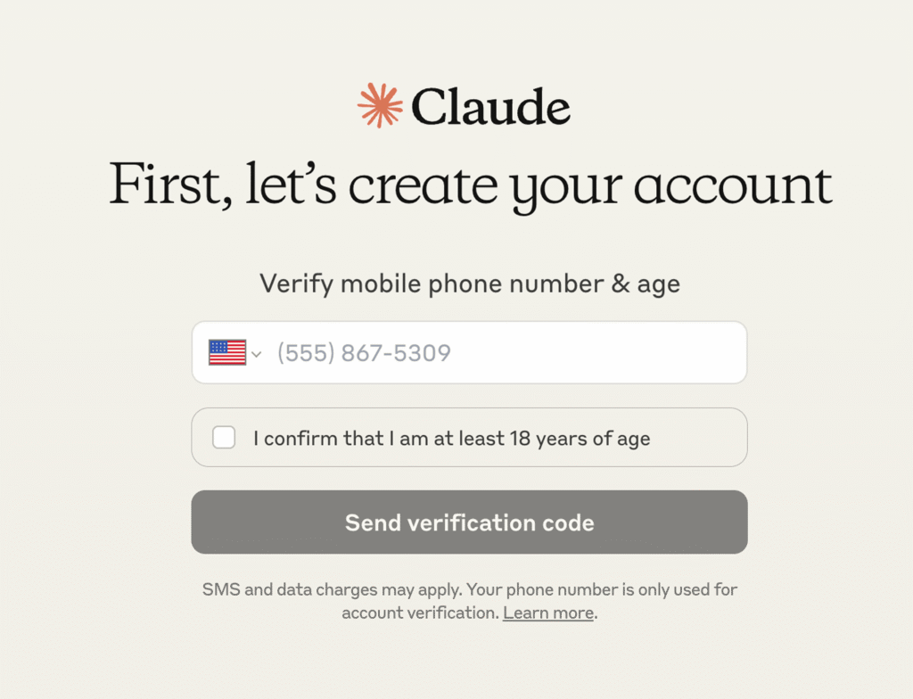 Écran de validation du numéro de téléphone et de la majorité pour configurer un compte Claude API.