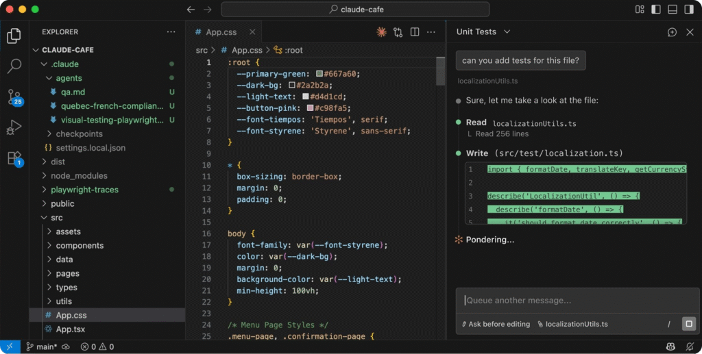 Interface VS Code montrant l'exécution de tests unitaires par Claude Code.