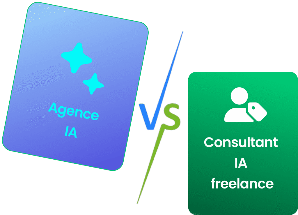 Comparatif visuel des prestations d'une agence IA et d'un consultant IA freelance.
