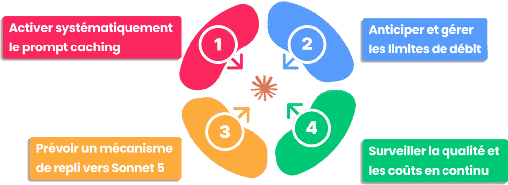 Infographie avec 4 bonnes pratiques pour le déploiement de Claude Haiku 4.5 en production.