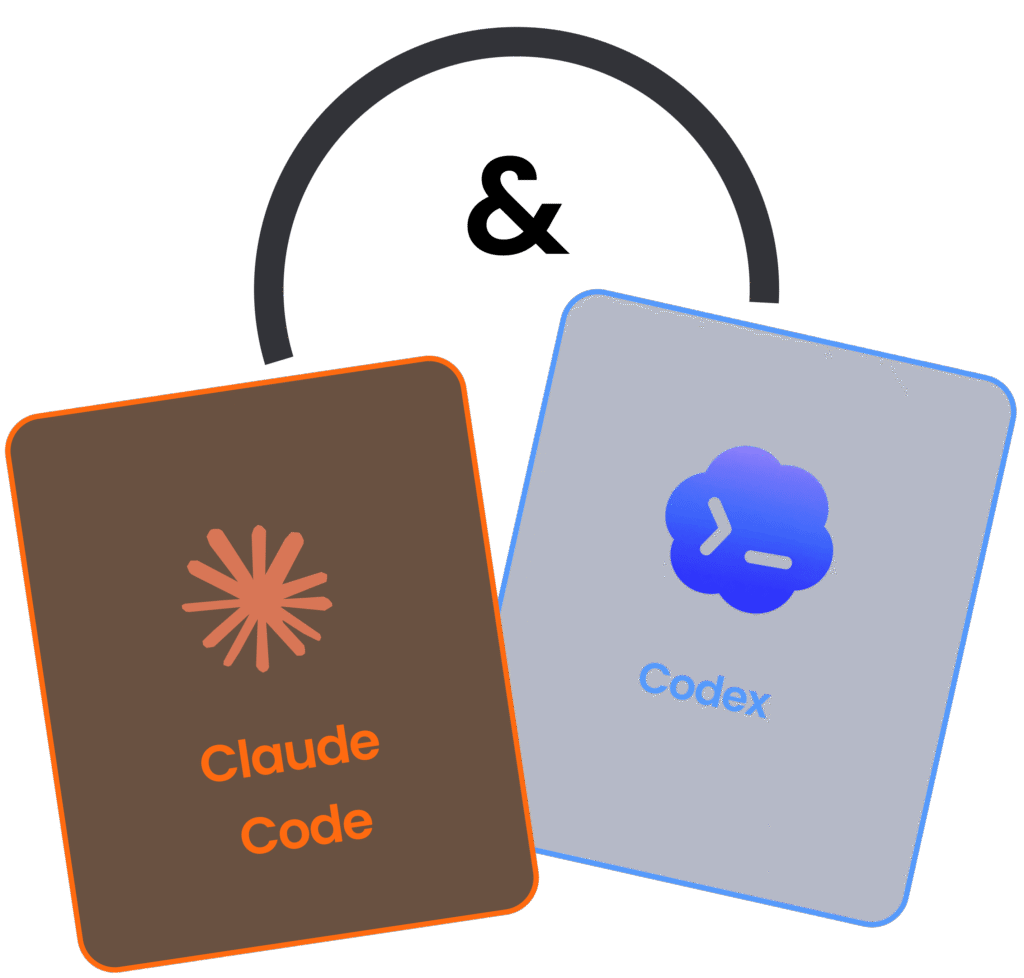 Illustration de deux cartes représentant Claude Code et Codex reliées par un symbole d'union.