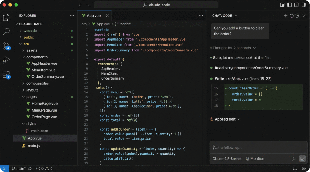 Interface de Claude Code montrant un exemple d'exécution autonome et de modification de code Vue.js.