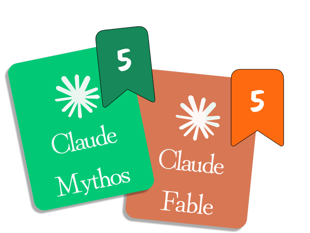 Cartes des versions Claude Mythos 5 et Claude Fable 5 avec des étiquettes 5.