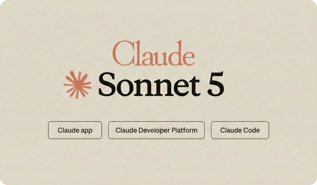 Logo Claude Sonnet 5 au-dessus de trois boutons : Claude app, Developer Platform et Claude Code.