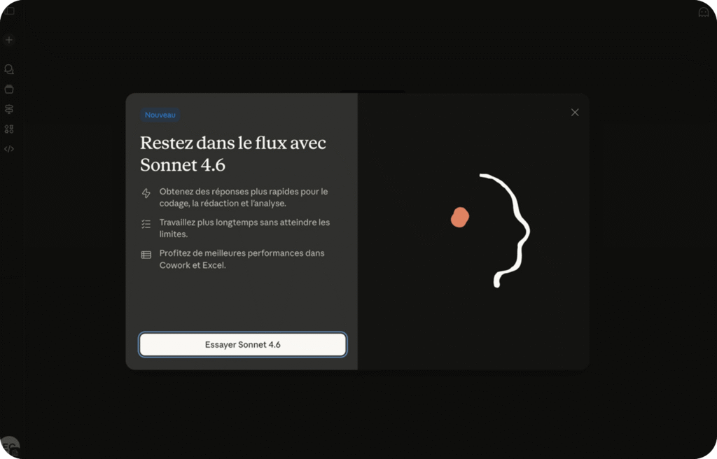 Interface de présentation de Sonnet 4.6 pour le codage, la rédaction et l'analyse.