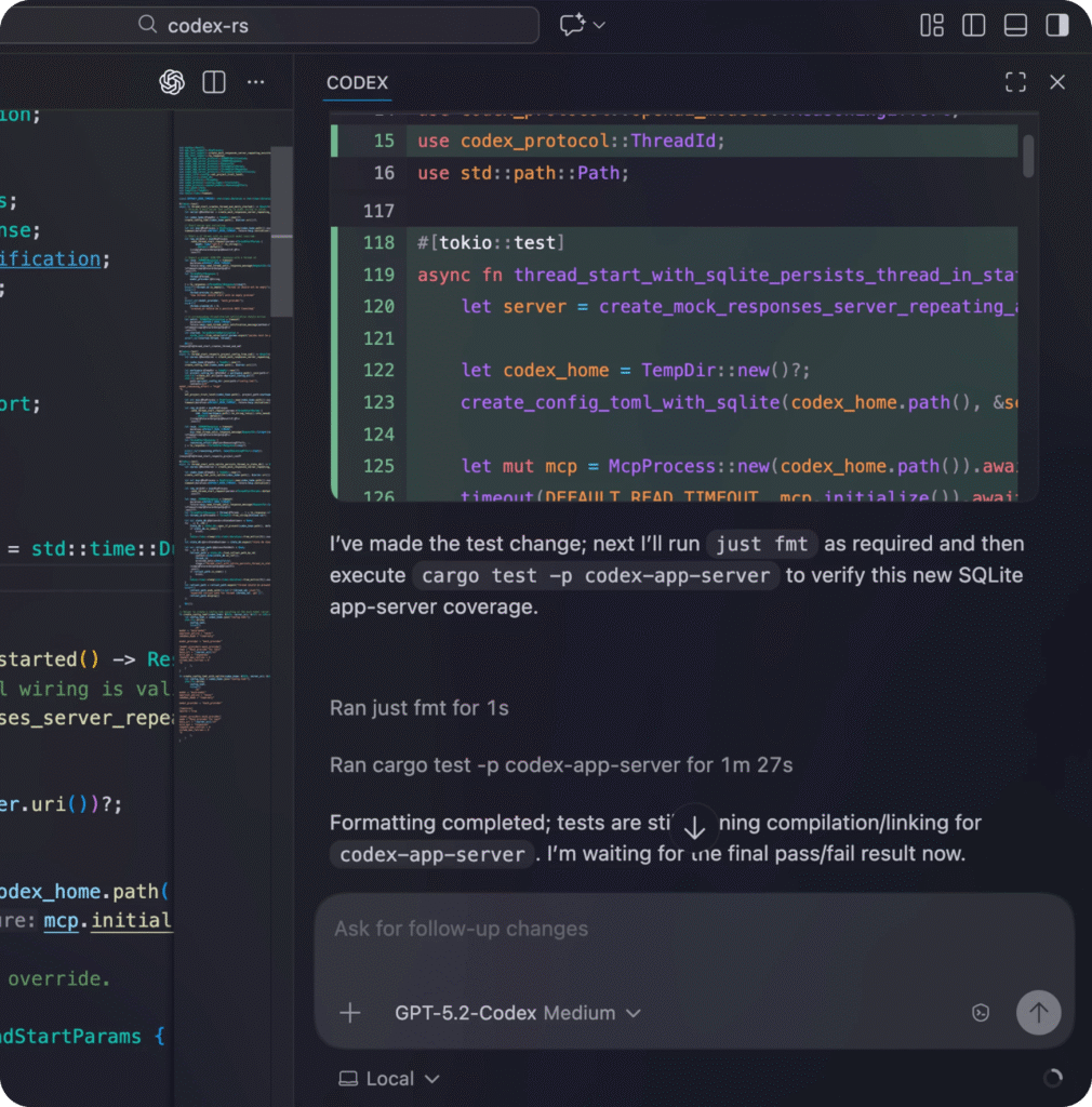 Interface de Codex effectuant du refactoring backend et la correction de bugs.