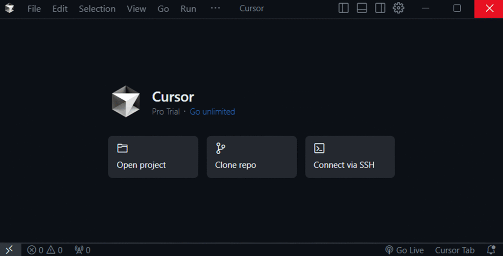 Interface d'accueil de l'IDE Cursor avec les options de projet.