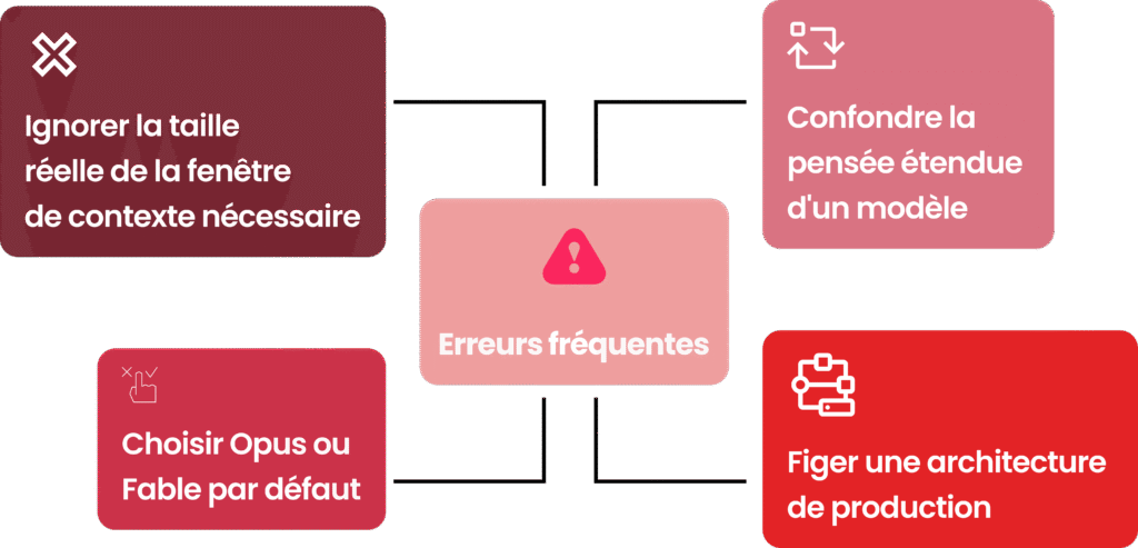 Schéma des erreurs fréquentes liées au choix d'un modèle Claude sous forme d'infographie.