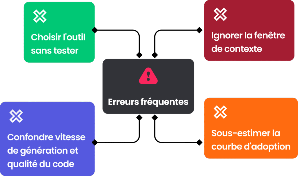 Schéma des erreurs fréquentes lors du déploiement d'une IA de développement.