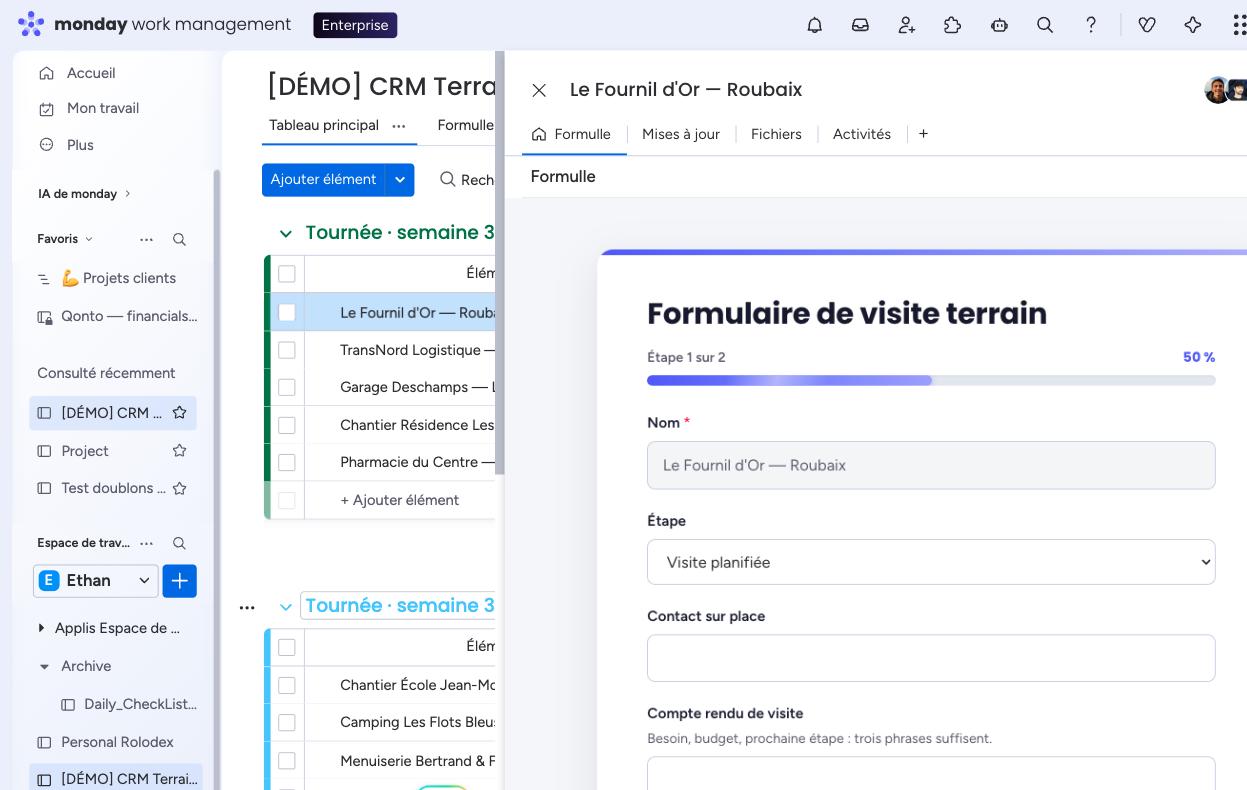 Fiche monday de l'élément « Le Fournil d'Or — Roubaix » avec l'onglet Formulle ouvert : le formulaire de visite est prérempli, le champ Nom grisé en lecture seule