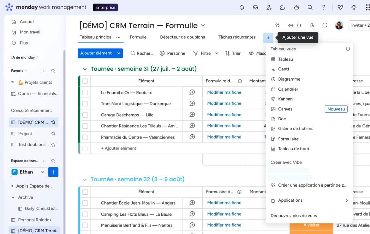 Menu monday « Ajouter une vue » ouvert sur le board CRM Terrain, avec l'entrée Applications en bas