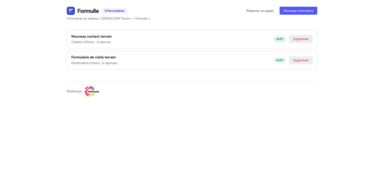 Vue Formulle : liste de deux formulaires (Nouveau contact terrain, Formulaire de visite terrain), tous deux actifs, avec le bouton Nouveau formulaire