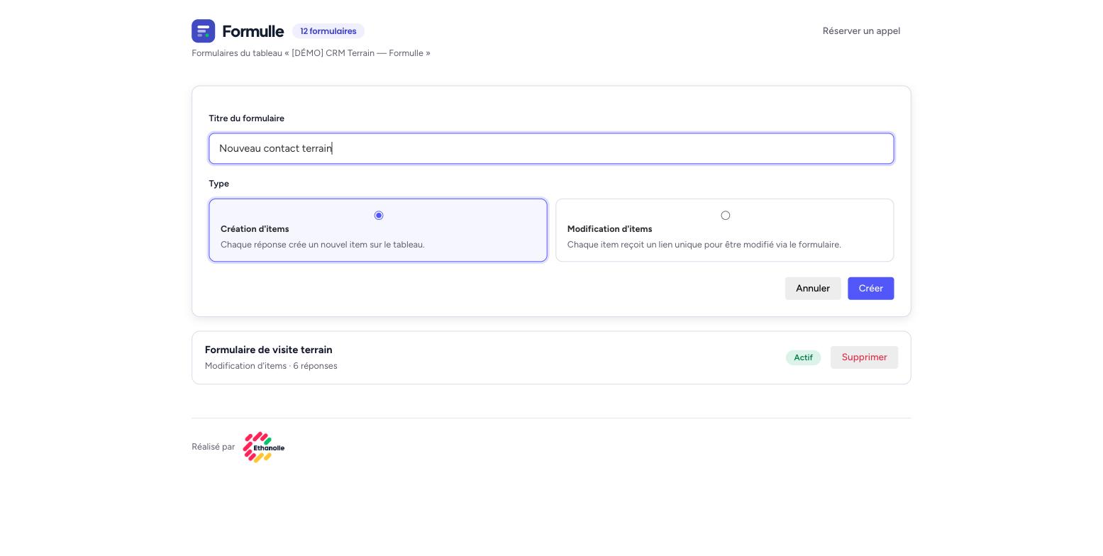 Dialogue de création : champ Titre du formulaire rempli avec « Nouveau contact terrain », deux cartes Type : Création d'items (sélectionnée) et Modification d'items