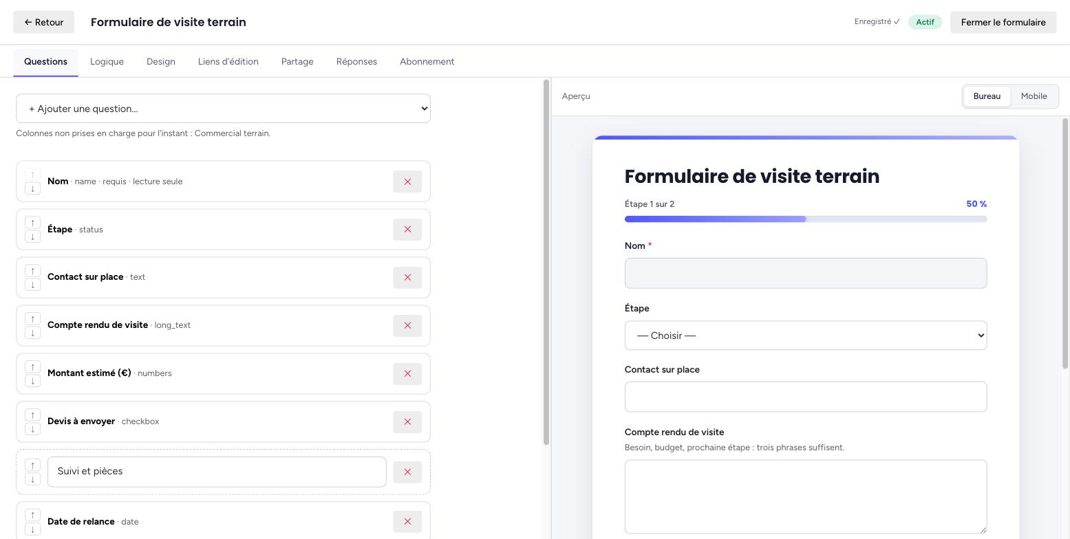Onglet Questions : liste des questions du formulaire de visite (Nom en lecture seule, Étape, Contact sur place, saut de page « Suivi et pièces », Date de relance) avec l'aperçu en direct à droite