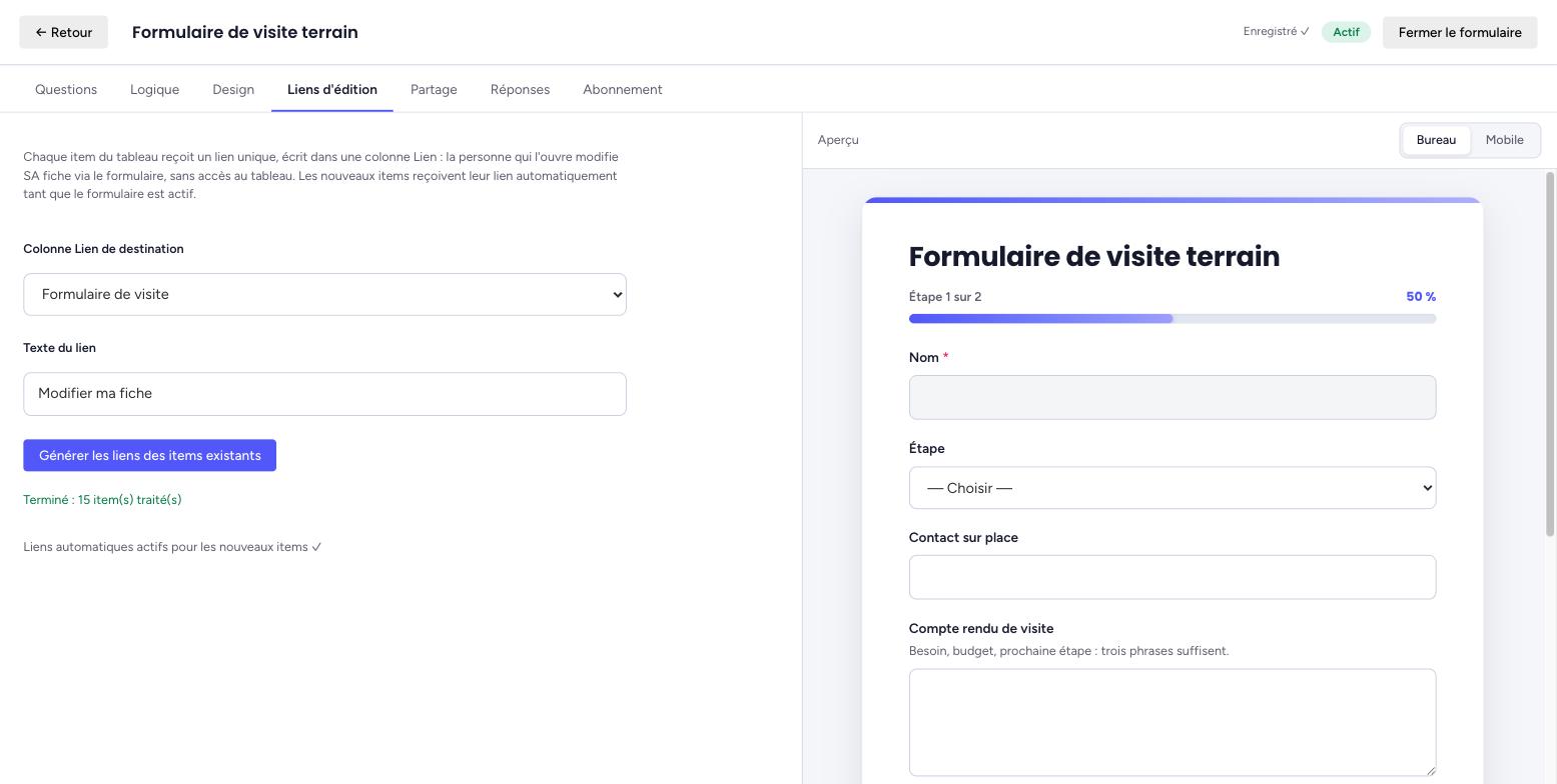 Onglet Liens d'édition : colonne « Formulaire de visite » sélectionnée, texte du lien « Modifier ma fiche », backfill terminé sur 15 items, liens automatiques actifs