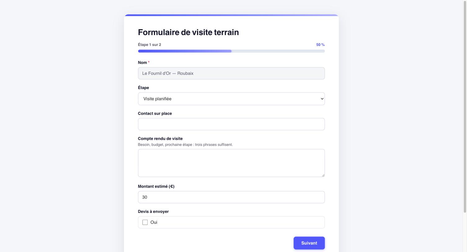 Page publique ouverte par un lien d'édition : formulaire de visite prérempli pour « Le Fournil d'Or — Roubaix », Nom en lecture seule, étape 1 sur 2