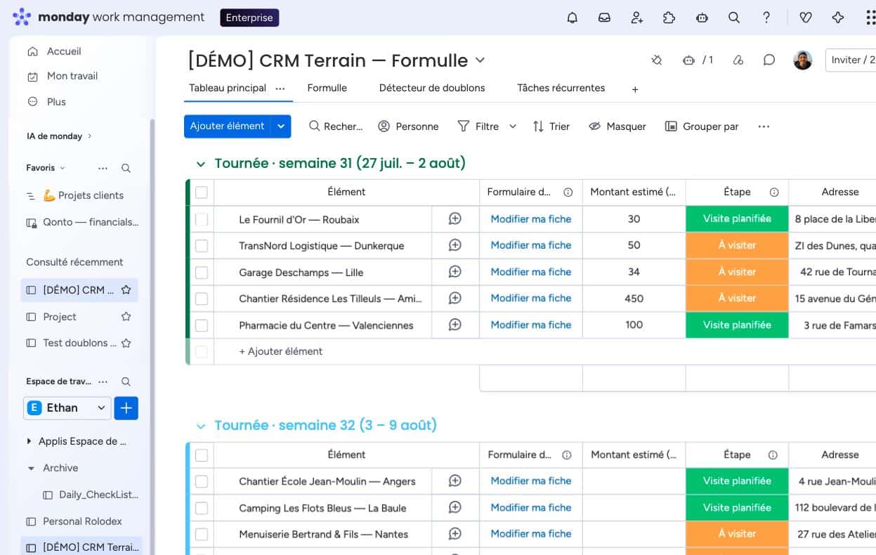Le tableau CRM Terrain avec la colonne « Formulaire de visite » remplie de liens « Modifier ma fiche » sur chaque ligne