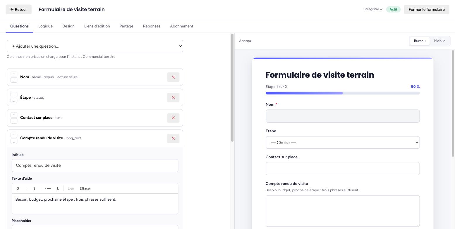Panneau de réglages de la question « Compte rendu de visite » : intitulé, éditeur de texte d'aide avec barre de mise en forme, texte d'aide rempli