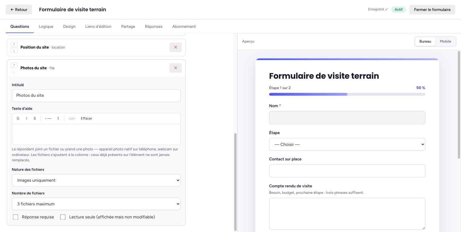 Réglages de la question fichier « Photos du site » : Nature des fichiers sur Images uniquement, Nombre de fichiers sur 3 fichiers maximum