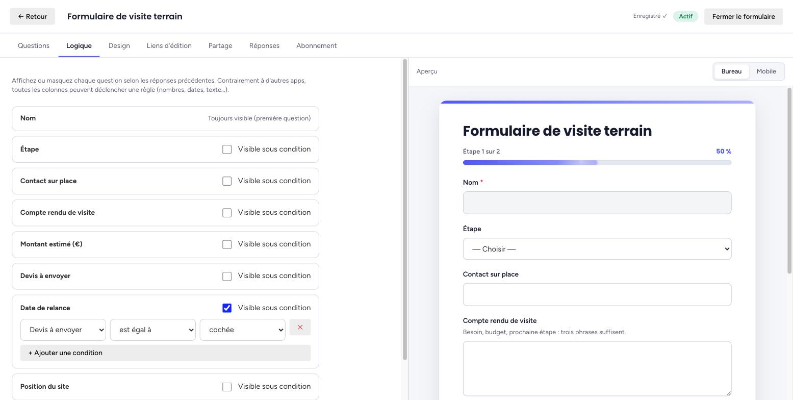 Onglet Logique : la question Date de relance est visible sous condition, règle « Devis à envoyer est égal à cochée »