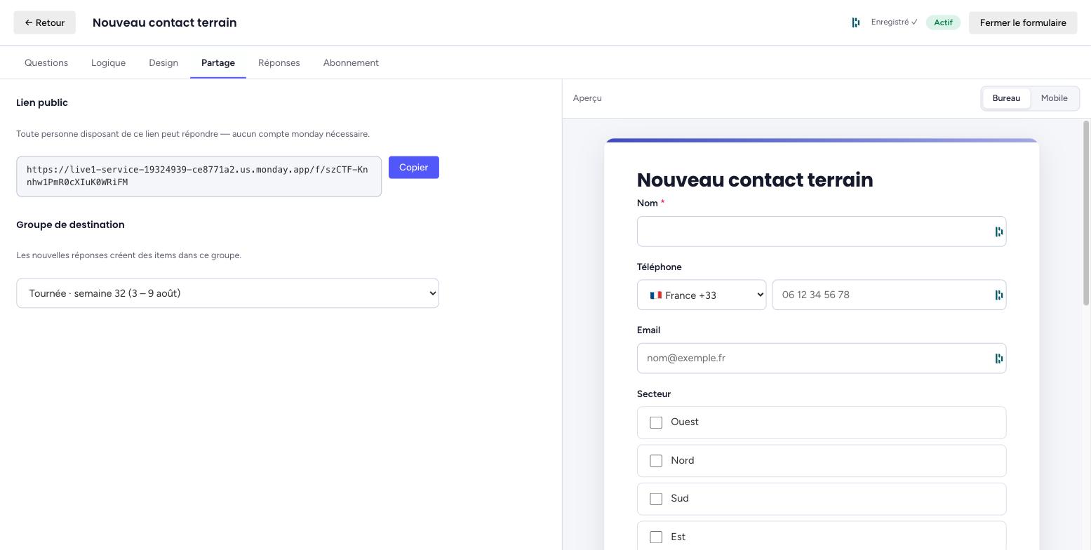 Onglet Partage : lien public avec bouton Copier, groupe de destination réglé sur « Tournée · semaine 32 »