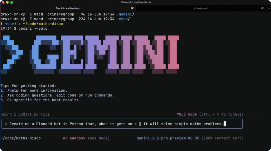 Interface terminal de Gemini Code Assist avec invite de commande Python.