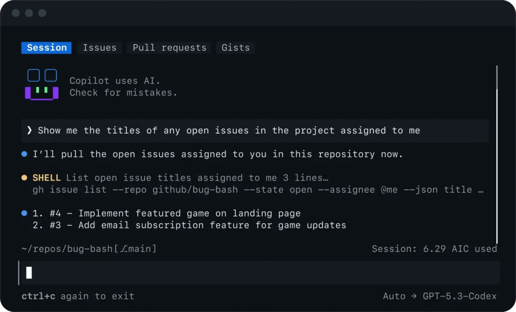 Interface terminal de GitHub Copilot affichant les tickets ouverts du dépôt.