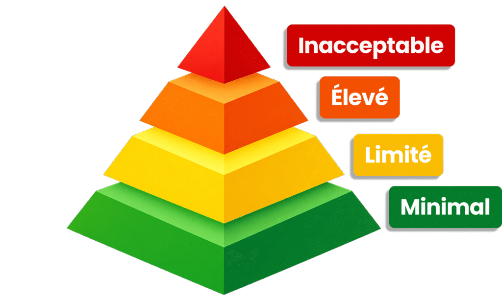 Pyramide des niveaux de risque de l'AI Act : inacceptable, élevé, limité et minimal.