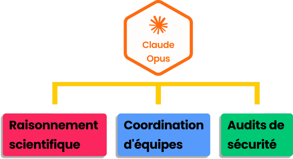 Tâches complexes pour Claude Opus : raisonnement scientifique, coordination et audits de sécurité.