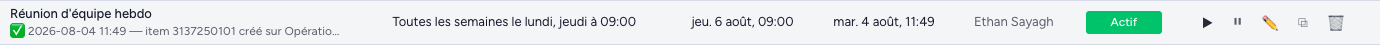 Ligne de récurrence avec statut ✅ item créé