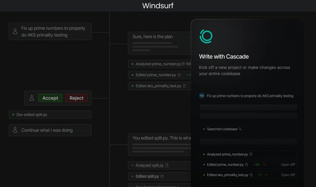Interface de l'IDE Windsurf présentant la fonctionnalité d'agent IA Cascade